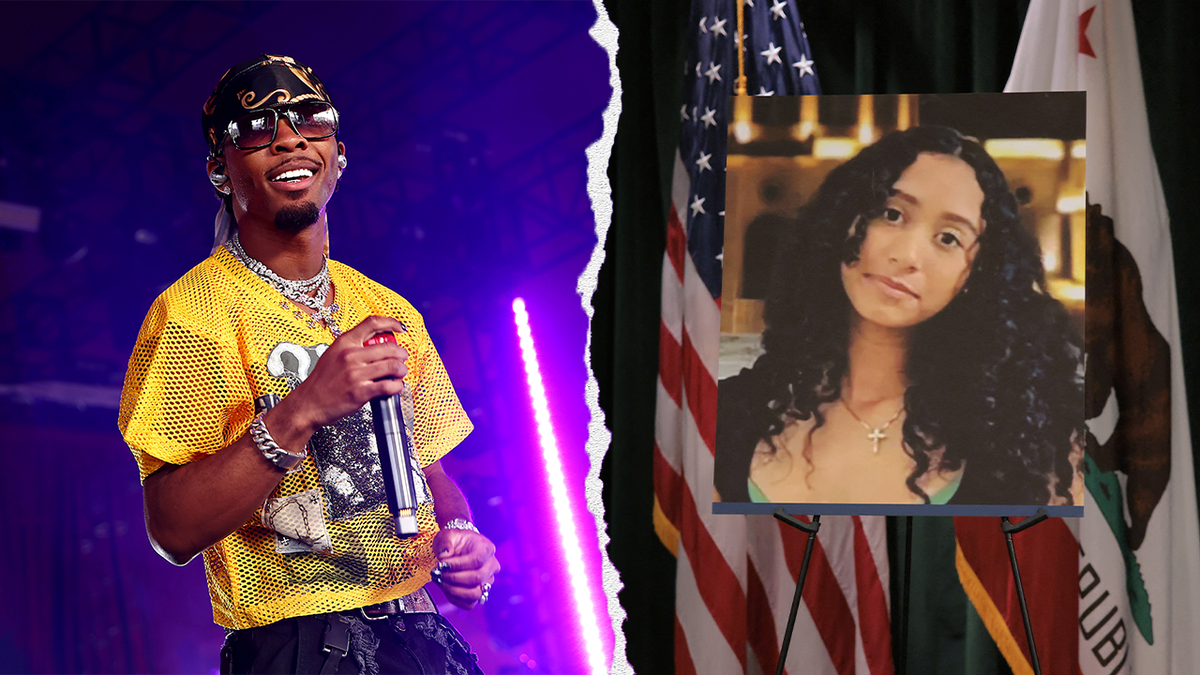 Left: D4vd performs at Coachella, right, an image of Celeste Rivas Hernandez presented at a new briefing to announce charges against her suspected killer, D4vd