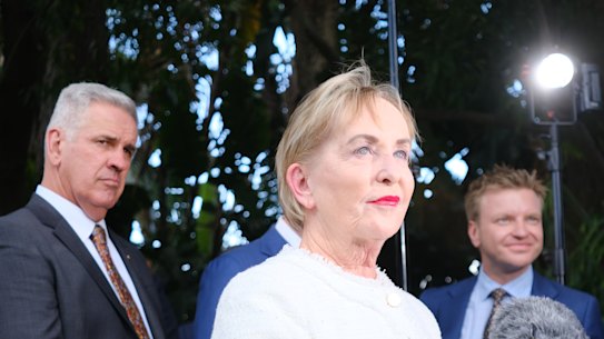 Queensland Finance Minister Ros Bates speaks to media after the Crisafulli cabinet’s swearing in last November.