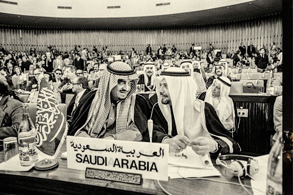 Saudi Crown Prince Fahd at an OPEC summit in Algiers in 1975 with Sheikh Ahmed Zaki Yamani, then Saudi minister of petroleum.