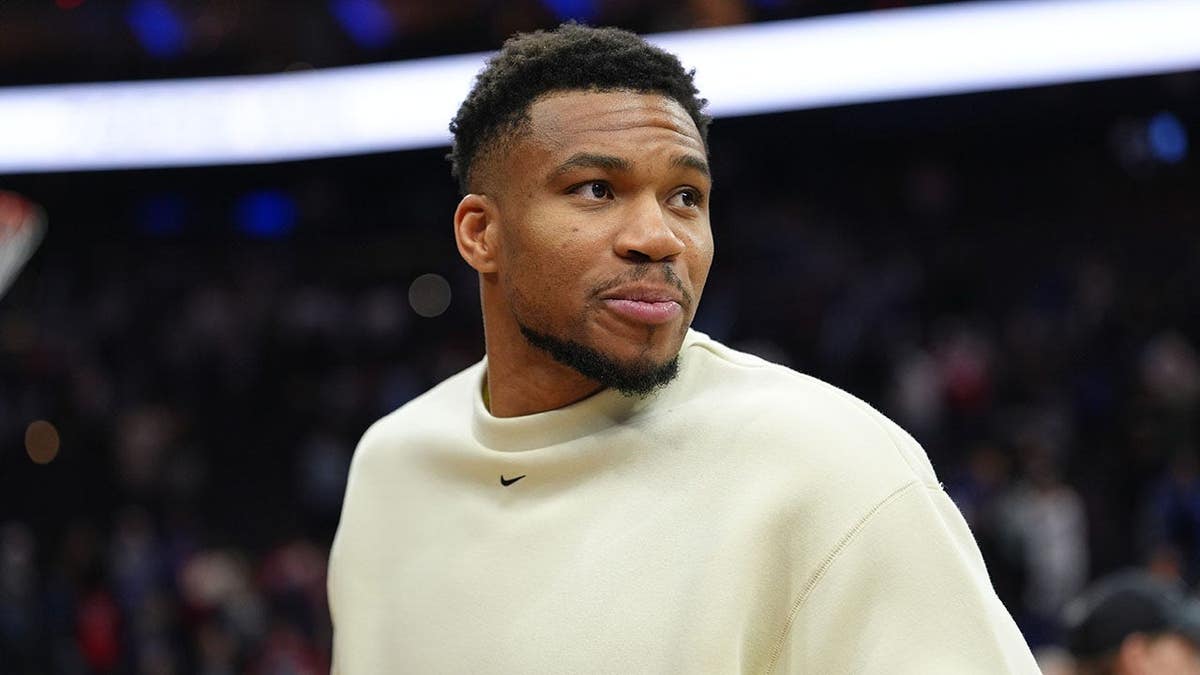 Milwaukee Bucks forward Giannis Antetokounmpo looking on after a game at Xfinity Mobile Arena