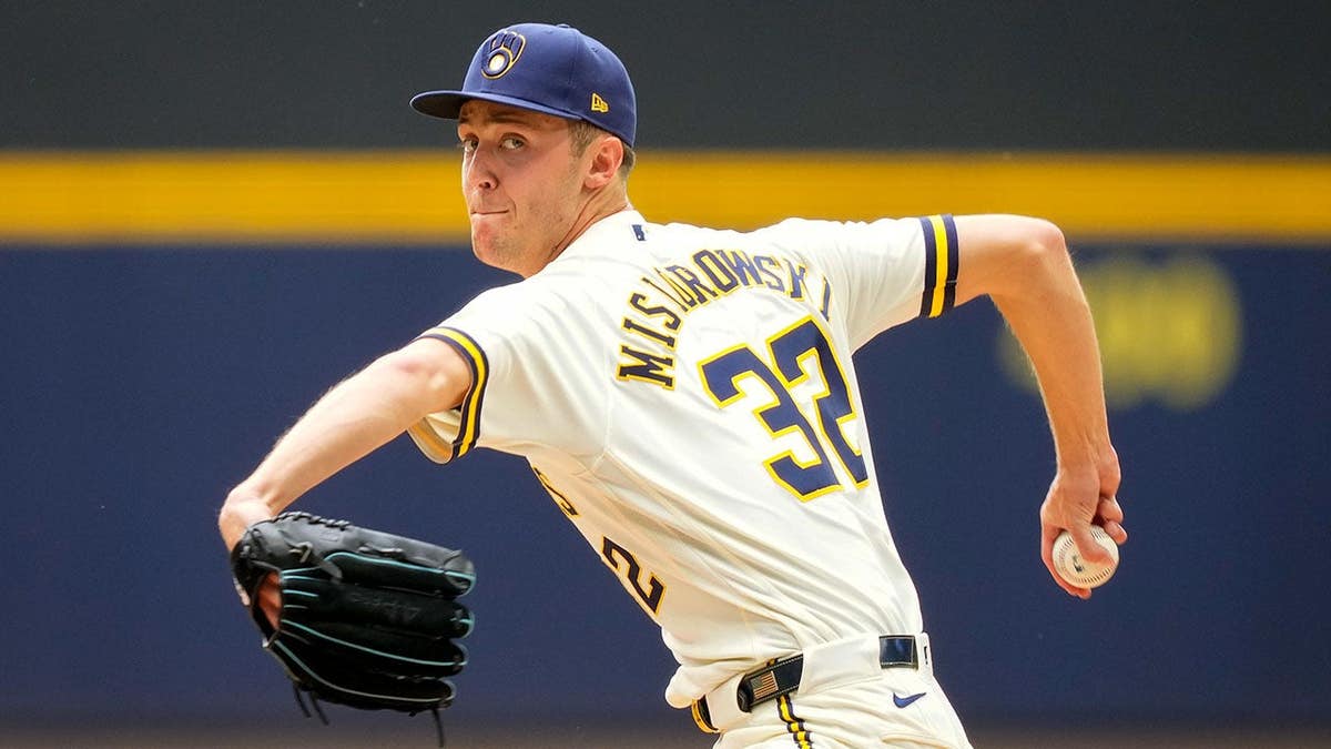 Milwaukee Brewers pitcher Jacob Misiorowski throwing a pitch during a baseball game.
