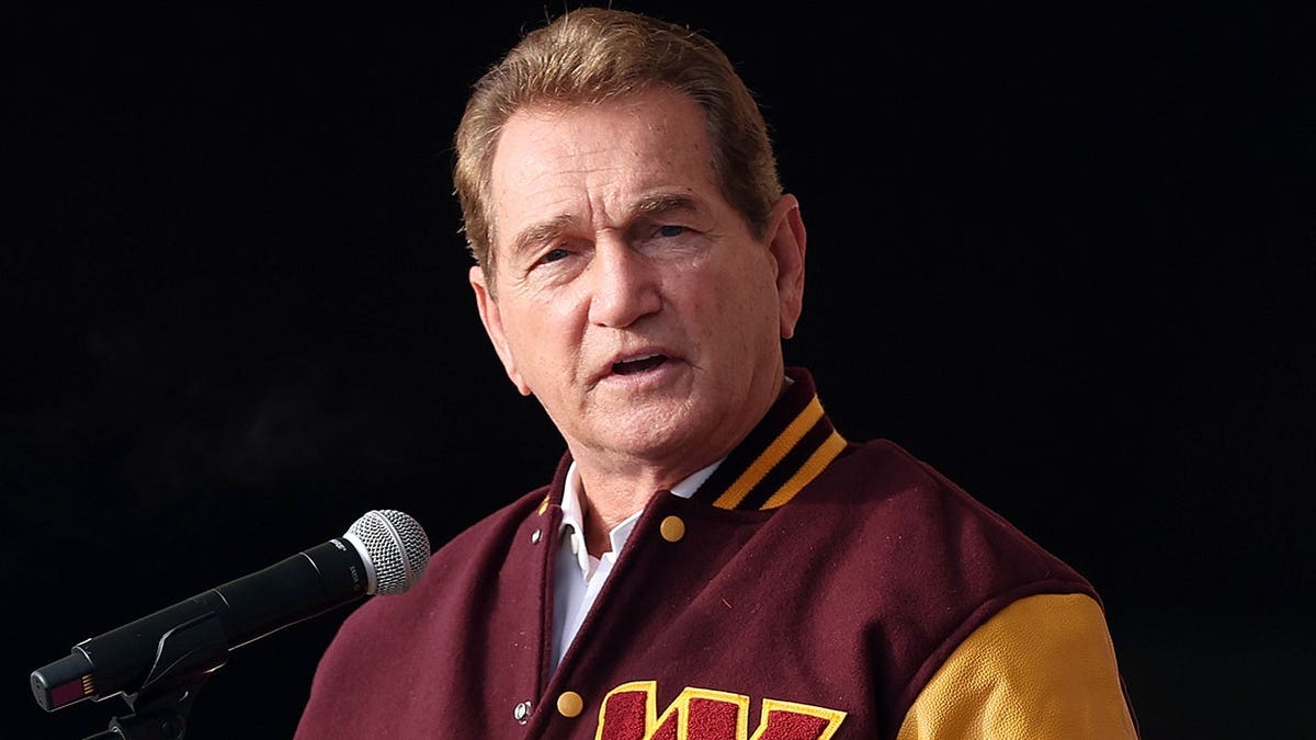Joe Theismann speaking at FedExField during Washington Commanders announcement