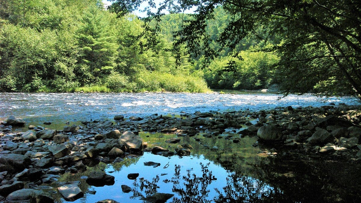 Lehigh River Rapids from a tidal pool reflecting the surrounding gorge in the Pennsylvania Poconos