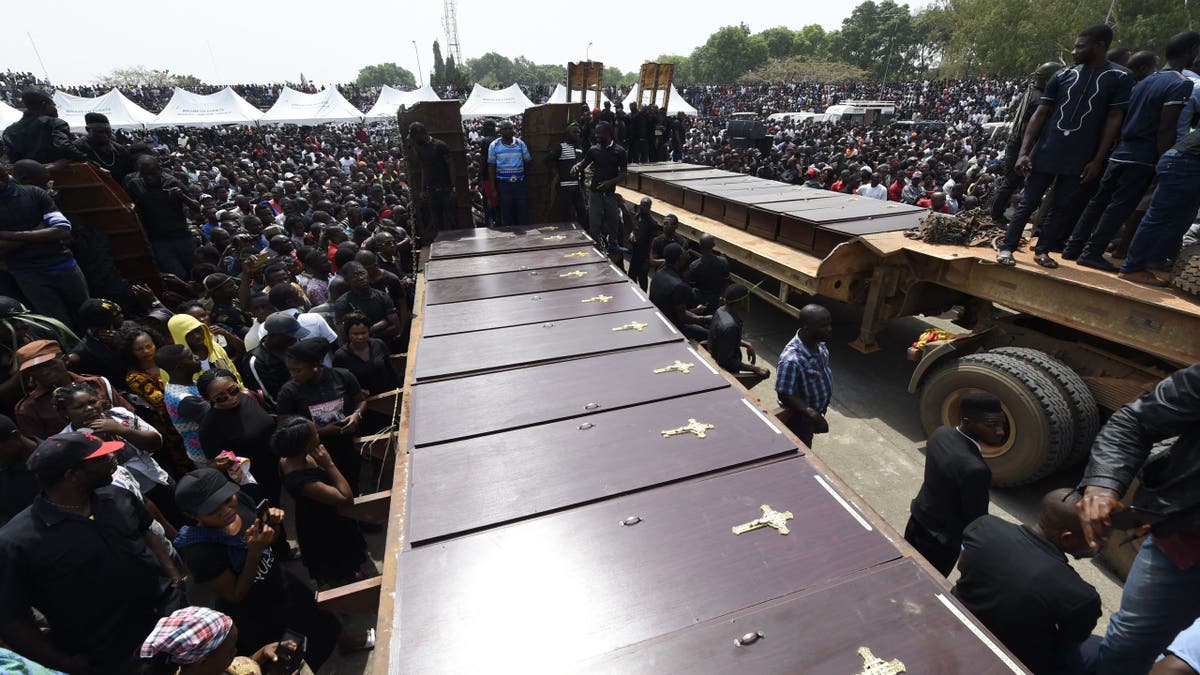 Coffins arriving at Ibrahim Babanginda Square in Makurdi during a funeral service