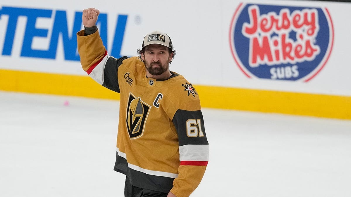 Vegas Golden Knights right wing Mark Stone celebrating on ice in Las Vegas