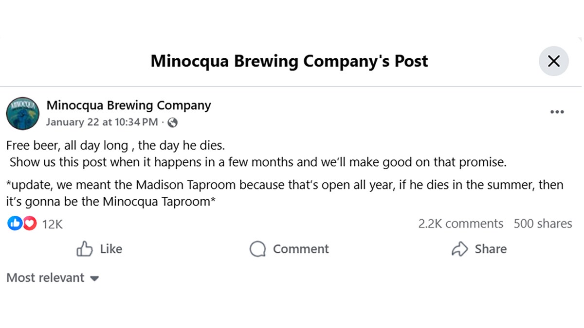 Minocqua Brewing Company Facebook post offering free beer when a man dies