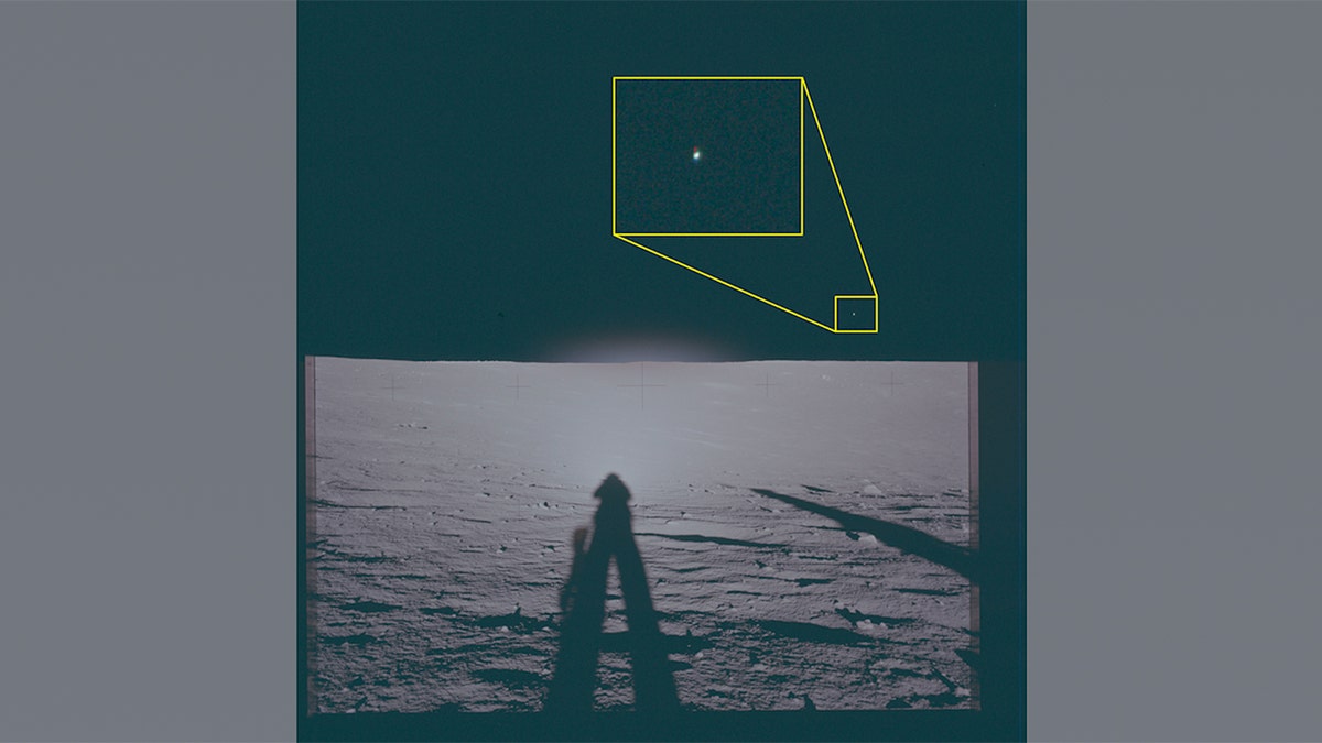 View of the lunar surface from Apollo 12 landing site with highlighted area near right horizon