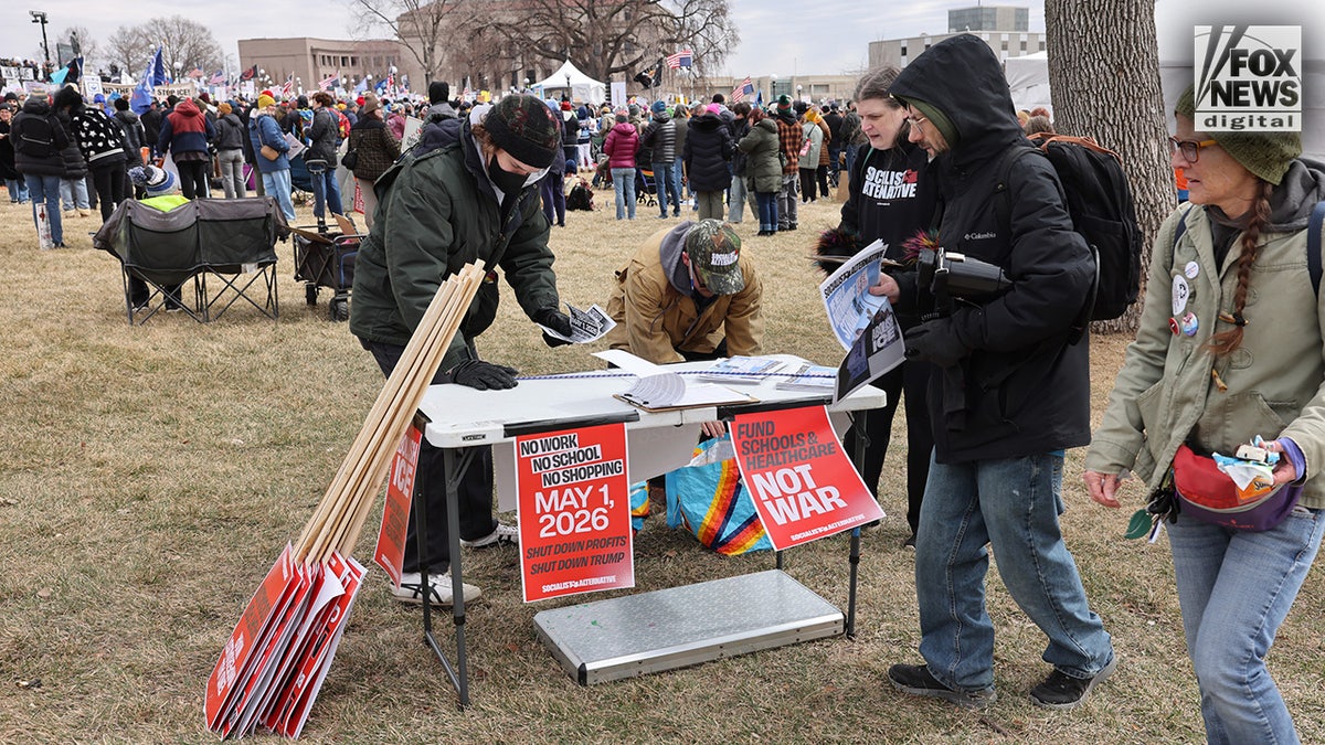 General strike literature on a table during a No Kings protest in St. Paul, Minnesota