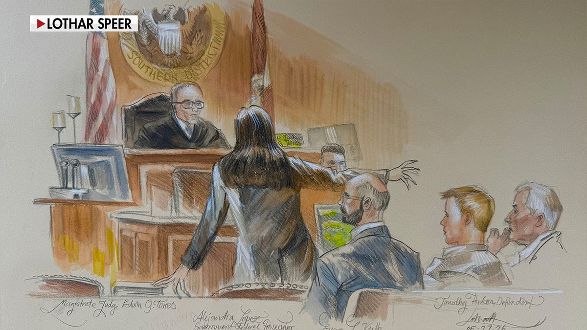 Timothy Hudson seated in a court sketch in Miami federal court