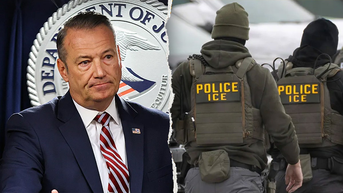 ICE Acting Director Todd Lyons standing in front of ICE agents