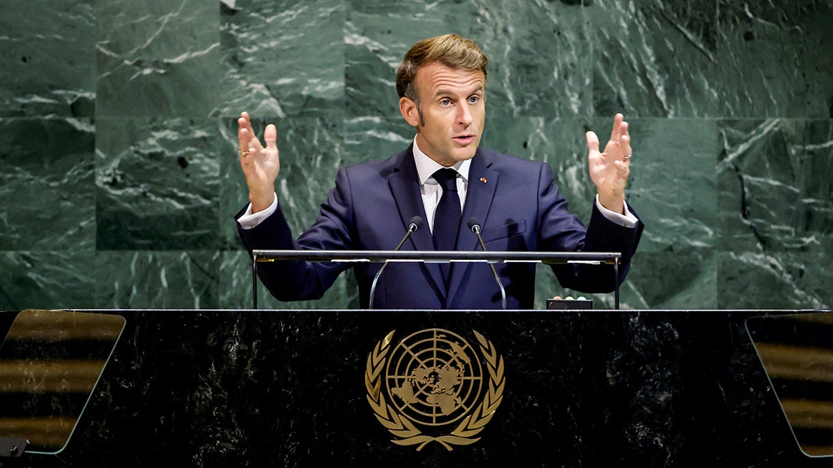 French President Emmanuel Macron speaking at the United Nations General Assembly in New York