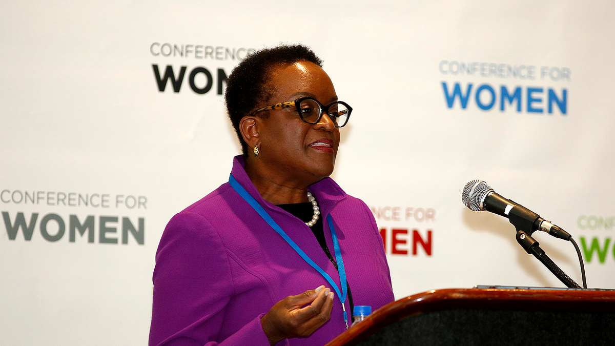 Swarthmore College President Val Smith speaking at a conference event