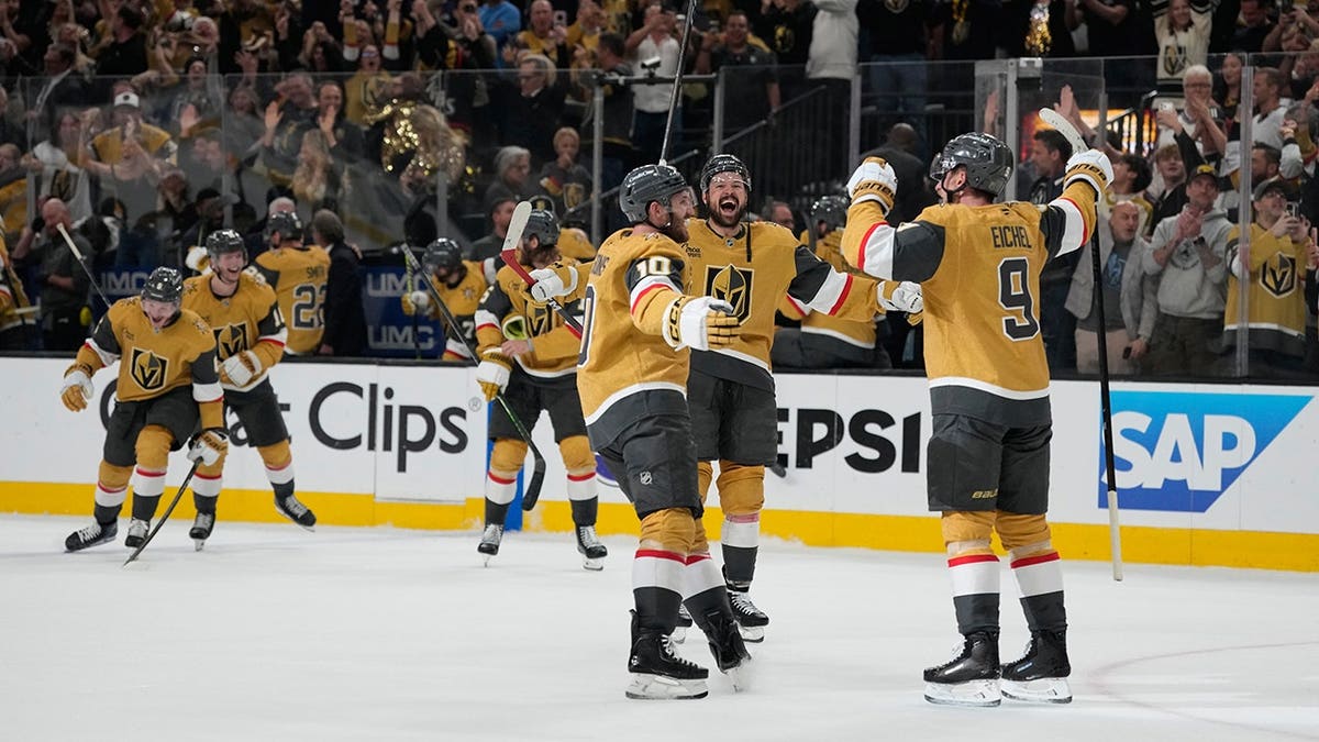 Vegas Golden Knights players Colton Sissons, Tomas Hertl, and Jack Eichel celebrating on ice.
