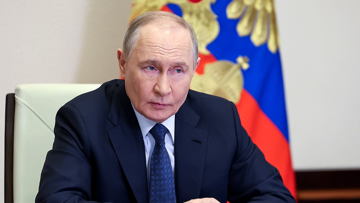 Russian President Vladimir Putin holding a videoconference meeting at Novo-Ogaryovo residence.