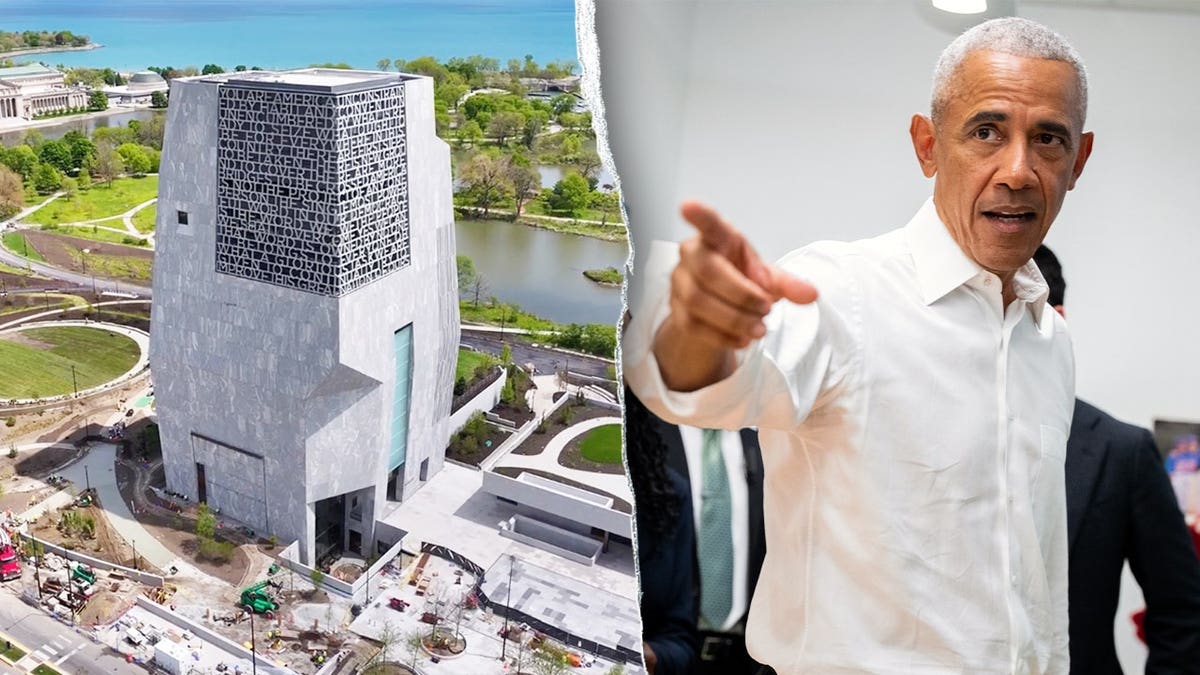 Split image showing the Obama Presidential Center in Chicago and former President Barack Obama.