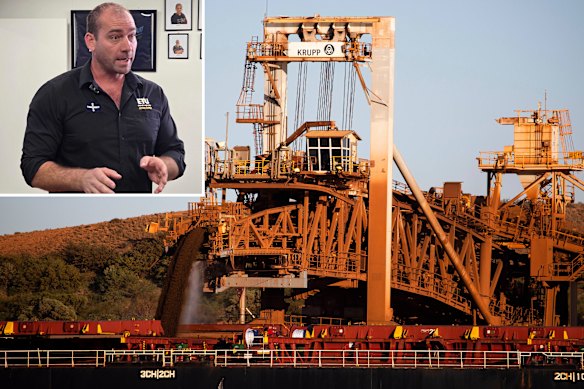 ETU WA secretary Adam Woodage (inset) and BHP facility at Port Headland.