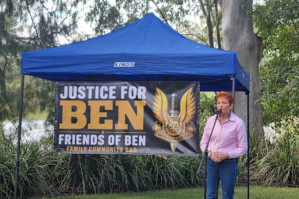 Hanson addresses the Justice for Ben event in Seventeen Mile Rocks in Brisbane.