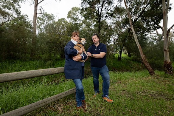 Carolyn Hall and Nick Johnson are among locals concerned by a proposal to extend the boundary of a construction project impacting land along the Koonung Creek