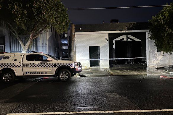 Police at the gym on Wednesday morning, after a second arson attack in 24 hours. 
