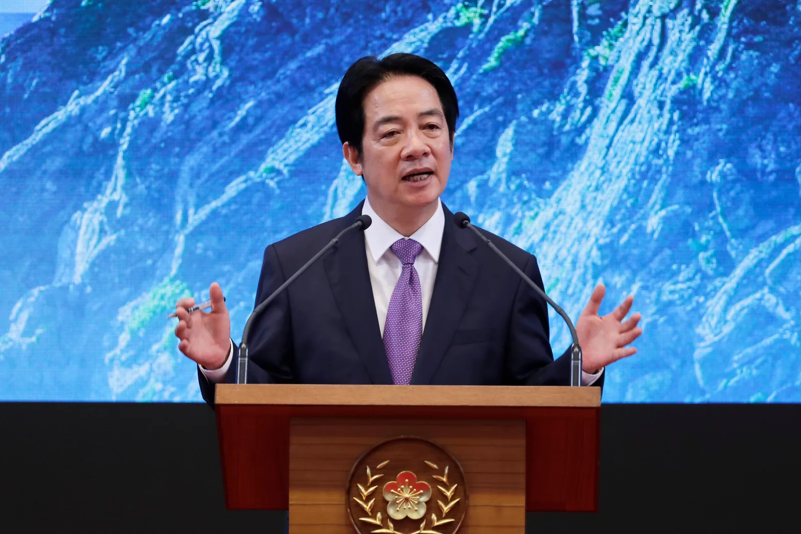 Taiwanese President Lai Ching-te delivers a speech to mark his second anniversary in office during a press conference in Taipei on May 20. (AP Photo/Chiang Ying-ying)