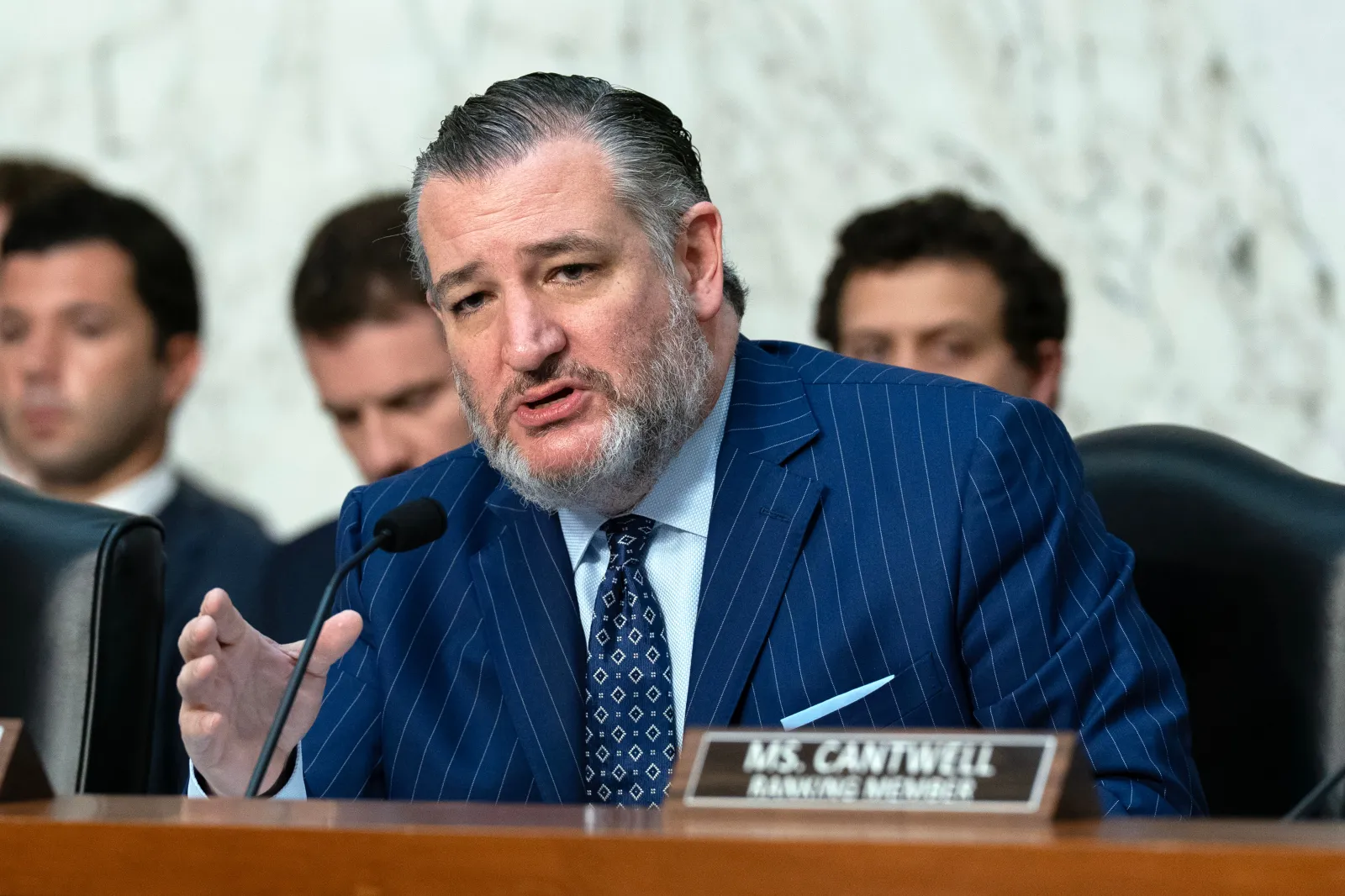 Senator Ted Cruz speaks at a hearing to examine college sports, supporting student athletes and fair competition, on Wednesday in Washington, D.C. (AP Photo/Jose Luis Magana)