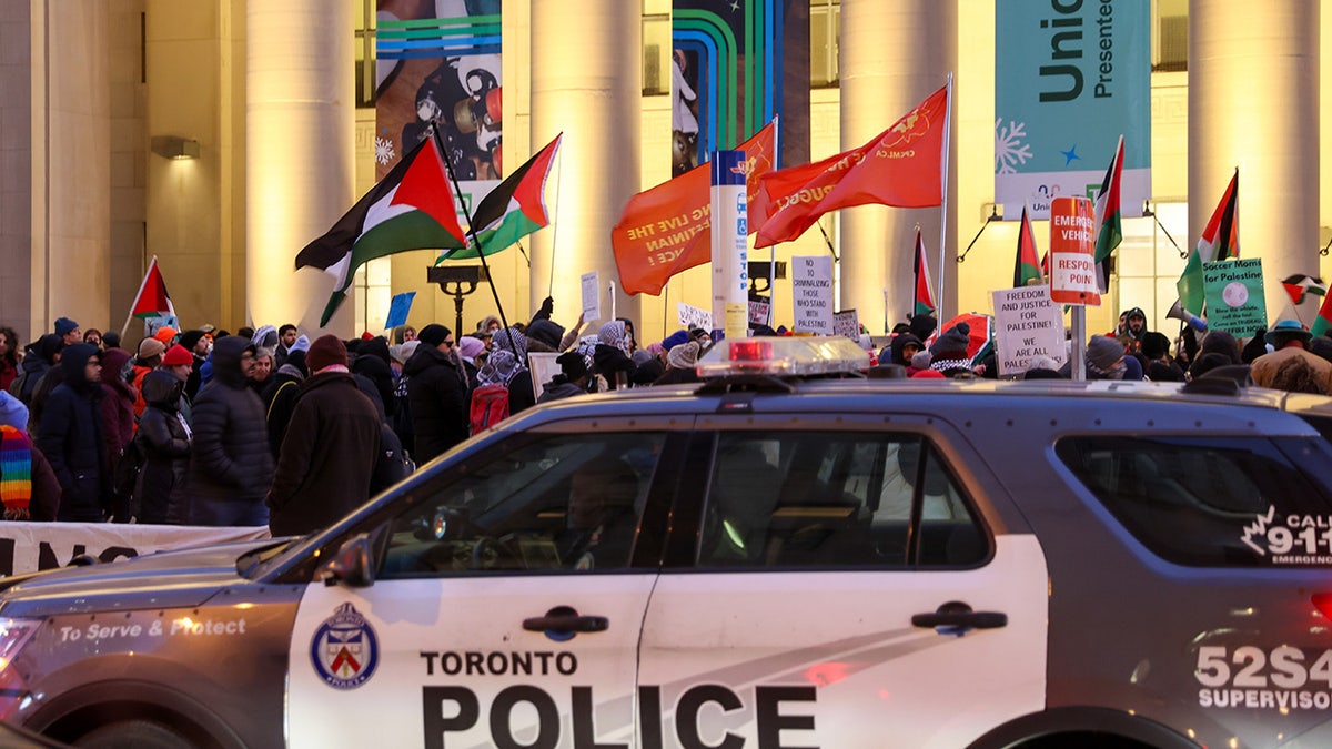 Anti-Israel demonstrators gathering outside Union Station in Toronto
