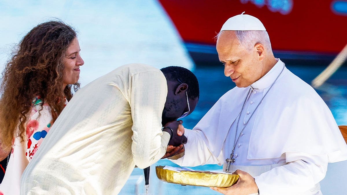 Pope Leo XIV on the day of a meeting with organizations working with migrants at the Port of Arguineguin, during his apostolic journey on the island of Gran Canaria, Spain.