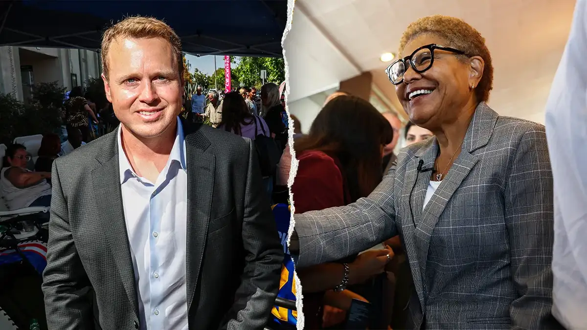 Spencer Pratt, left, pictured alongside LA mayor Karen Bass, right
