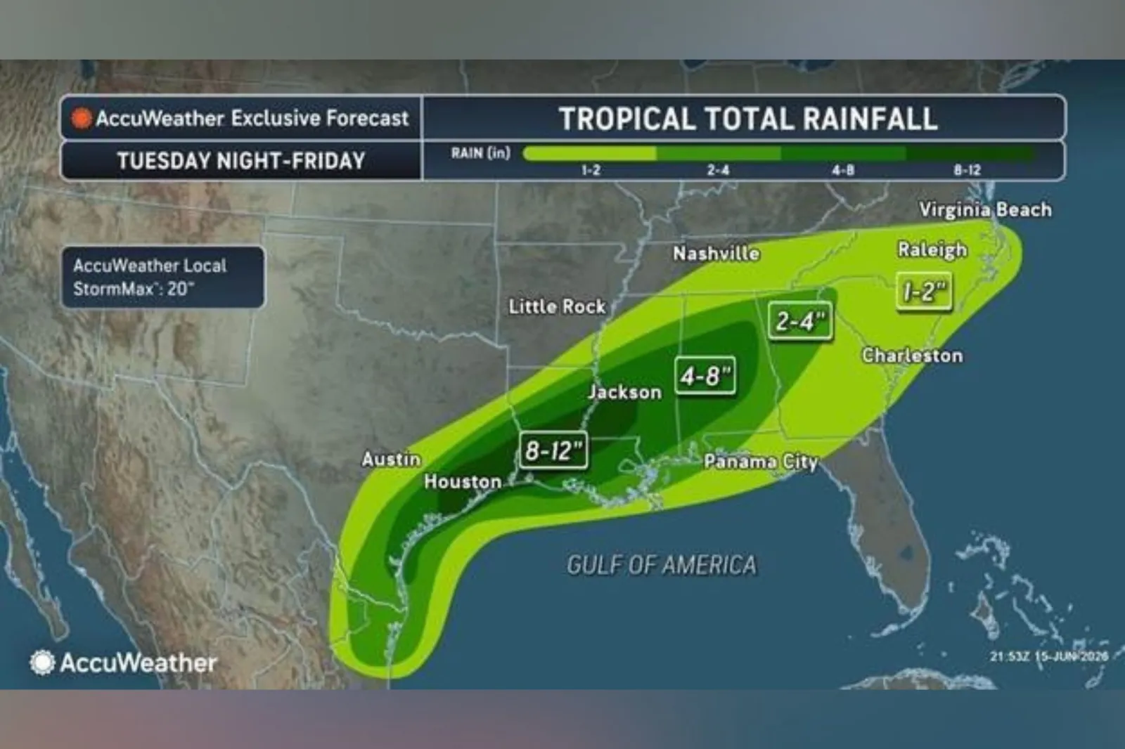 AccuWeather's map shows total rainfall it expects through Friday.