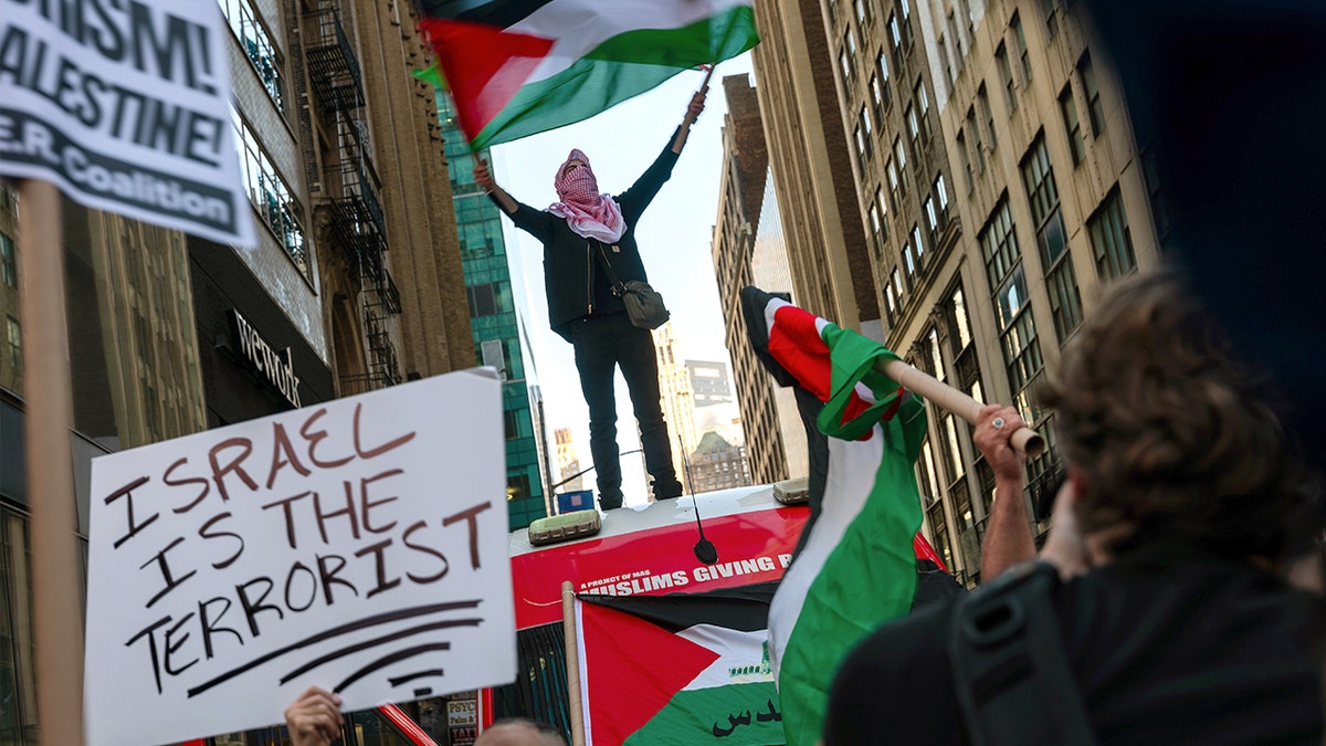 Supporters of Palestine holding signs and flags during a rally in Times Square New York City