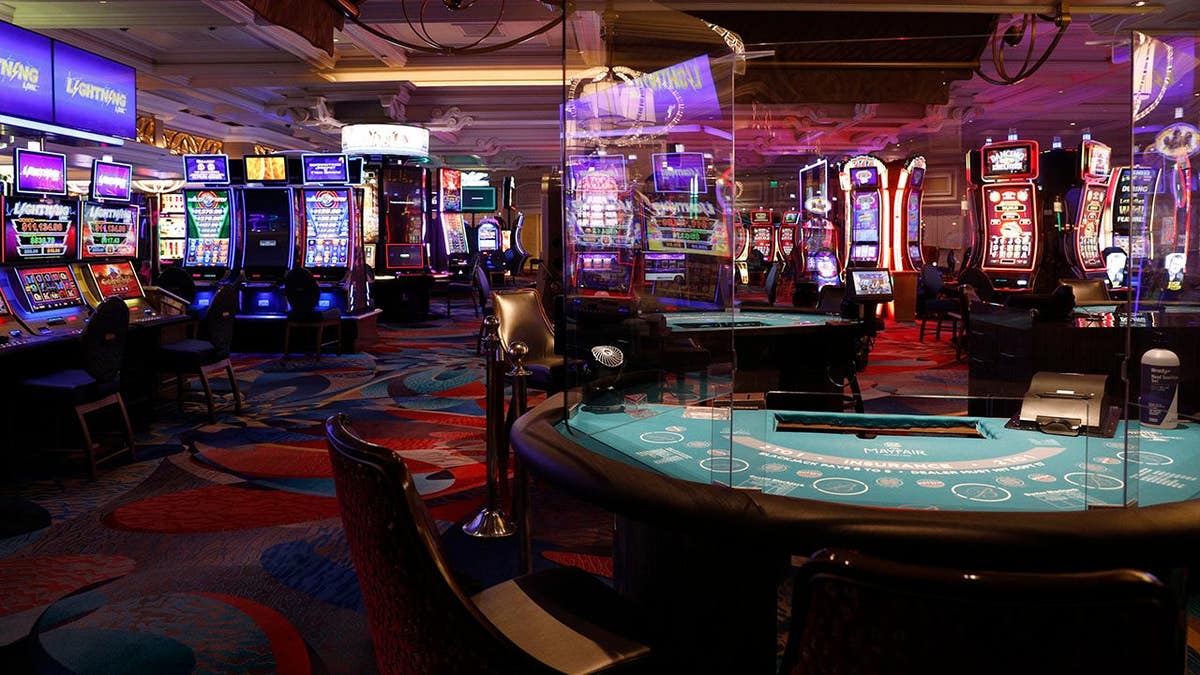 Plexiglass dividers installed on gaming tables at Bellagio Resort and Casino in Las Vegas Nevada