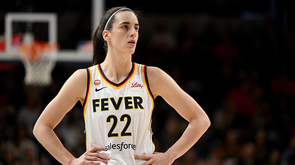 Indiana Fever guard Caitlin Clark looking on during a basketball game at CareFirst Arena