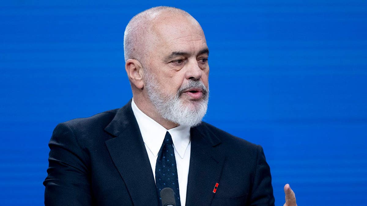 Edi Rama speaking at a press conference in Brussels, Belgium