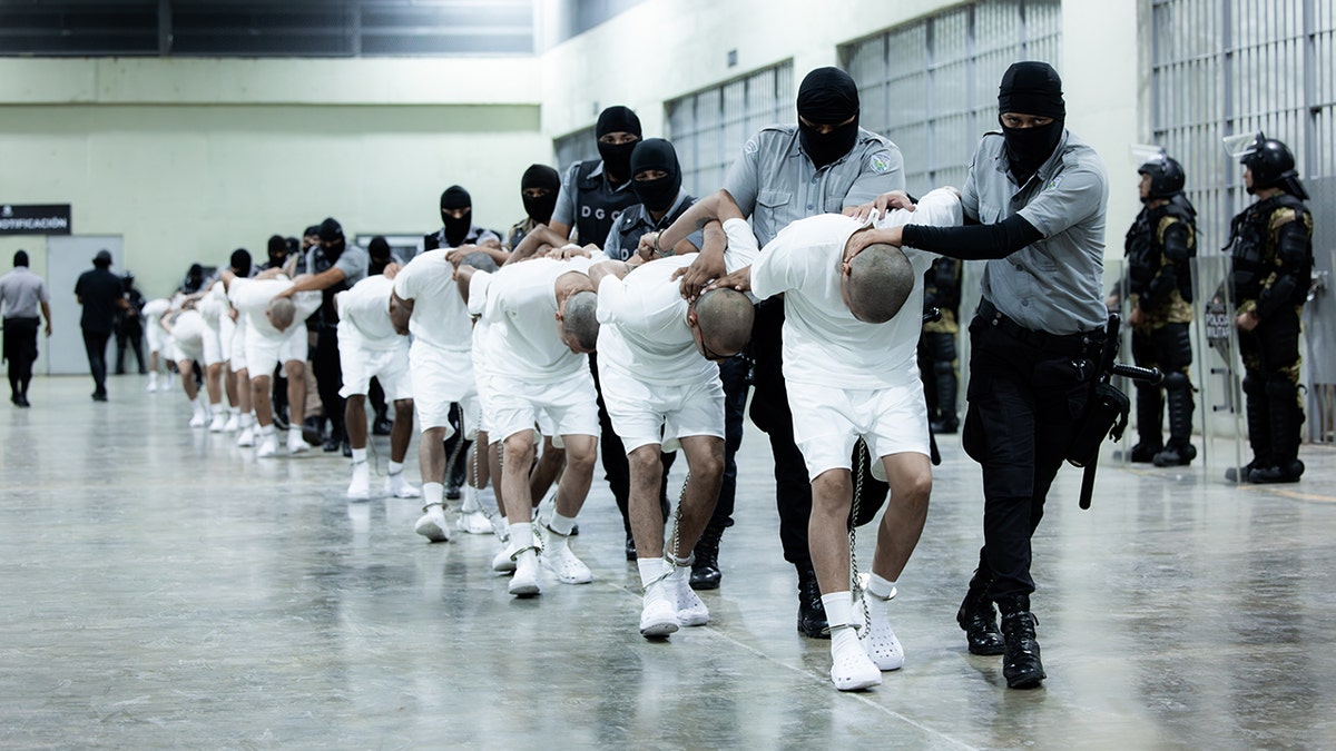 Guards escort inmates linked to criminal organizations at CECOT prison in Tecoluca El Salvador