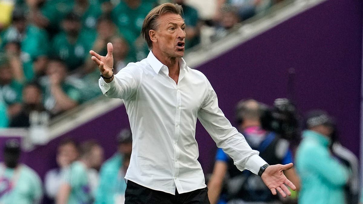 Saudi Arabia head coach Herve Renard reacting during a soccer match in Lusail Qatar