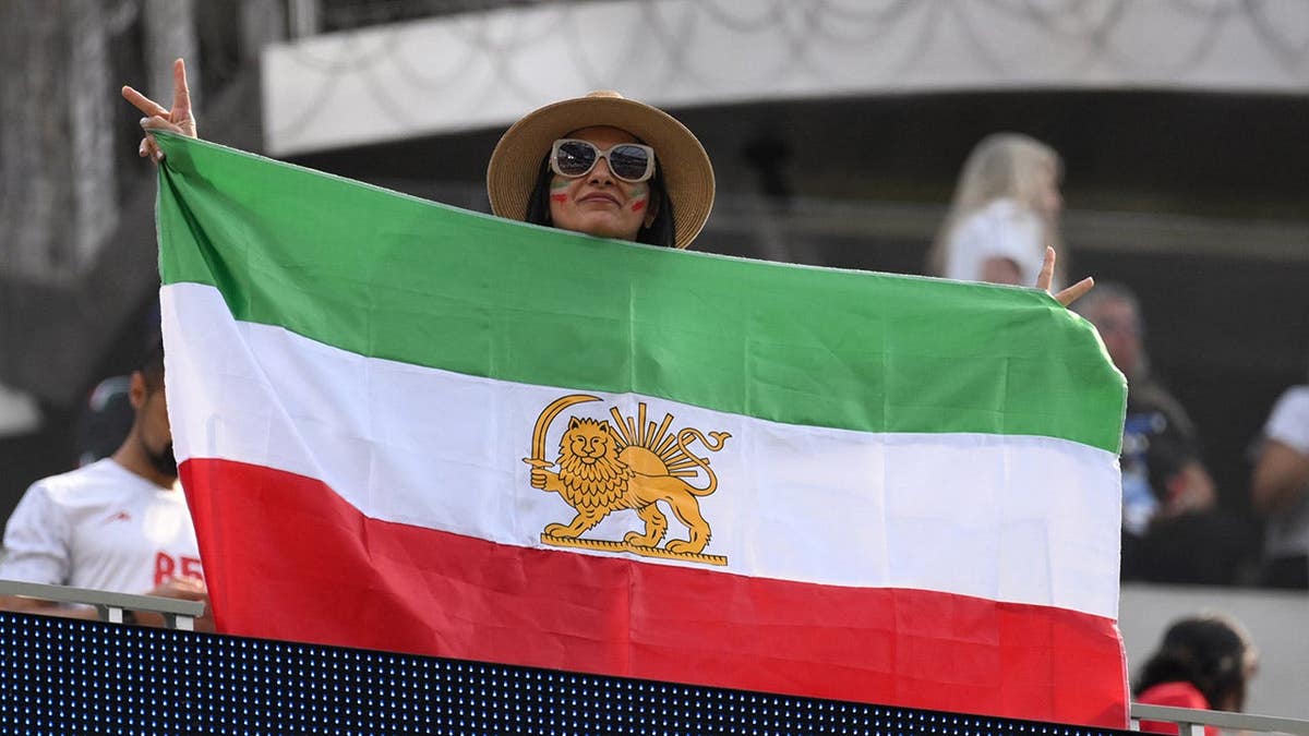 An Iranian fan holding a pre-revolutionary Iranian flag at Los Angeles Stadium in Inglewood.
