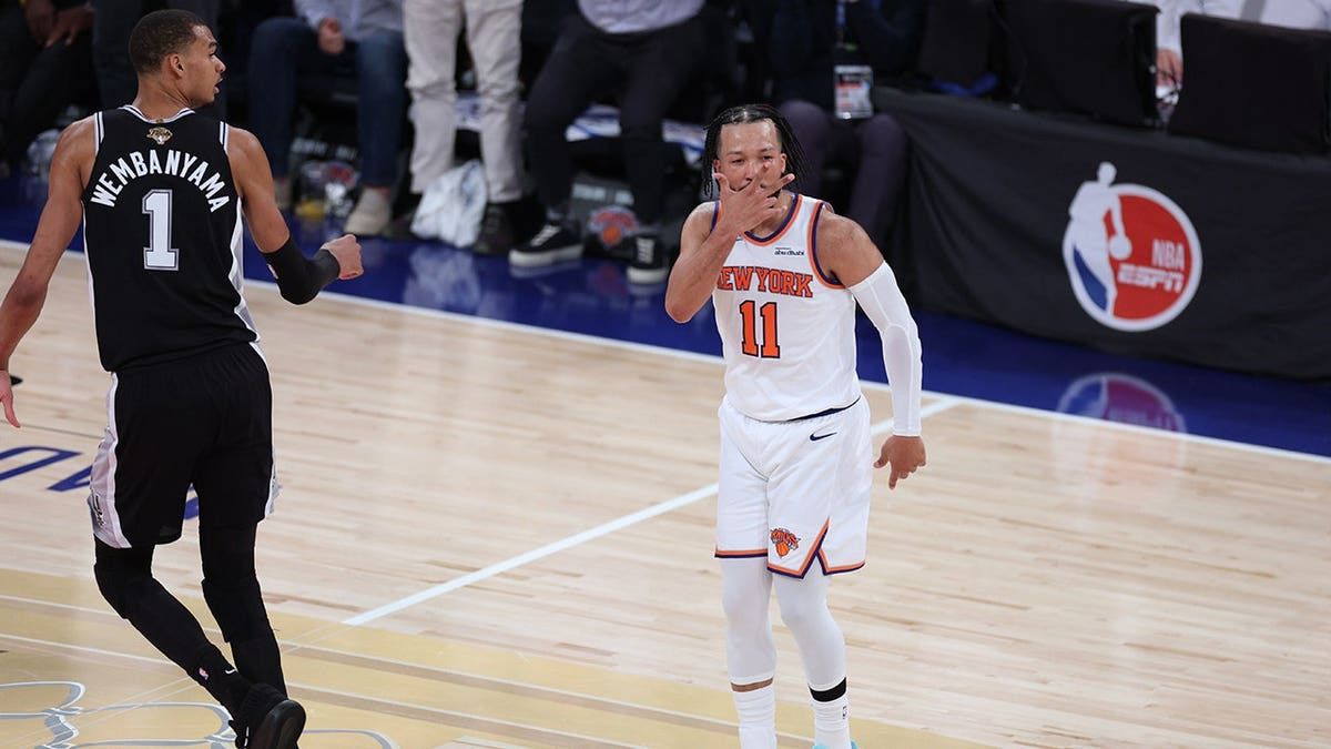 New York Knicks guard Jalen Brunson reacting during NBA Finals game at Madison Square Garden