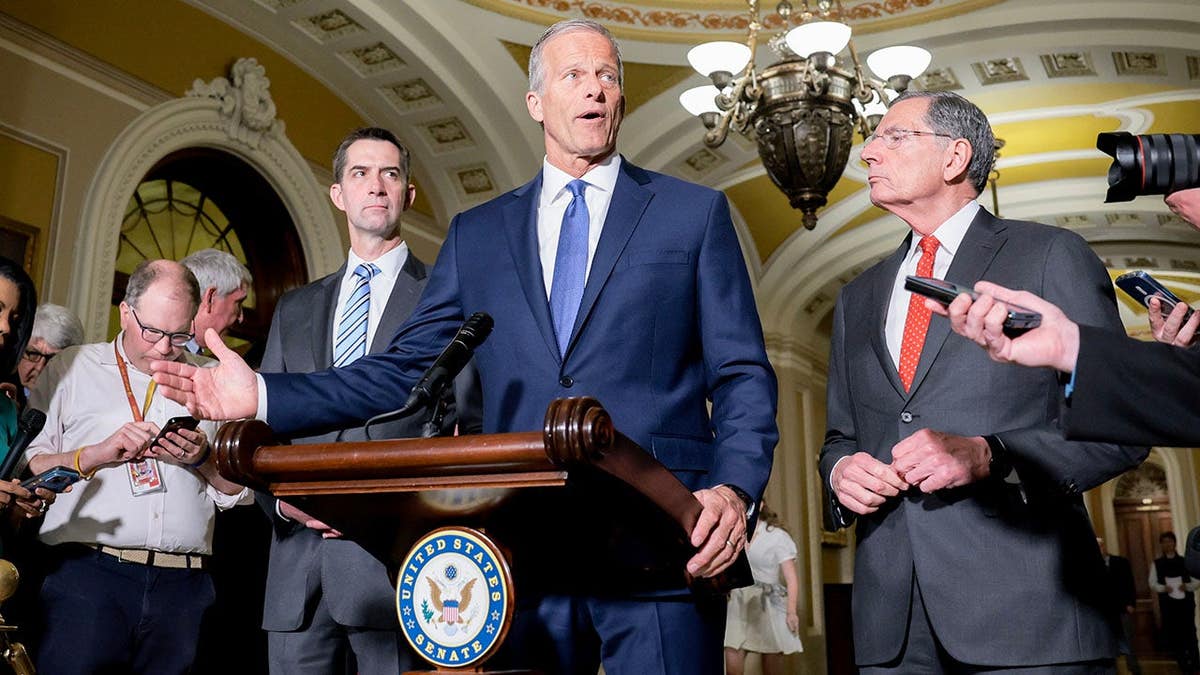 U.S. Senate Majority Leader John Thune speaking at a news conference in Washington, D.C.