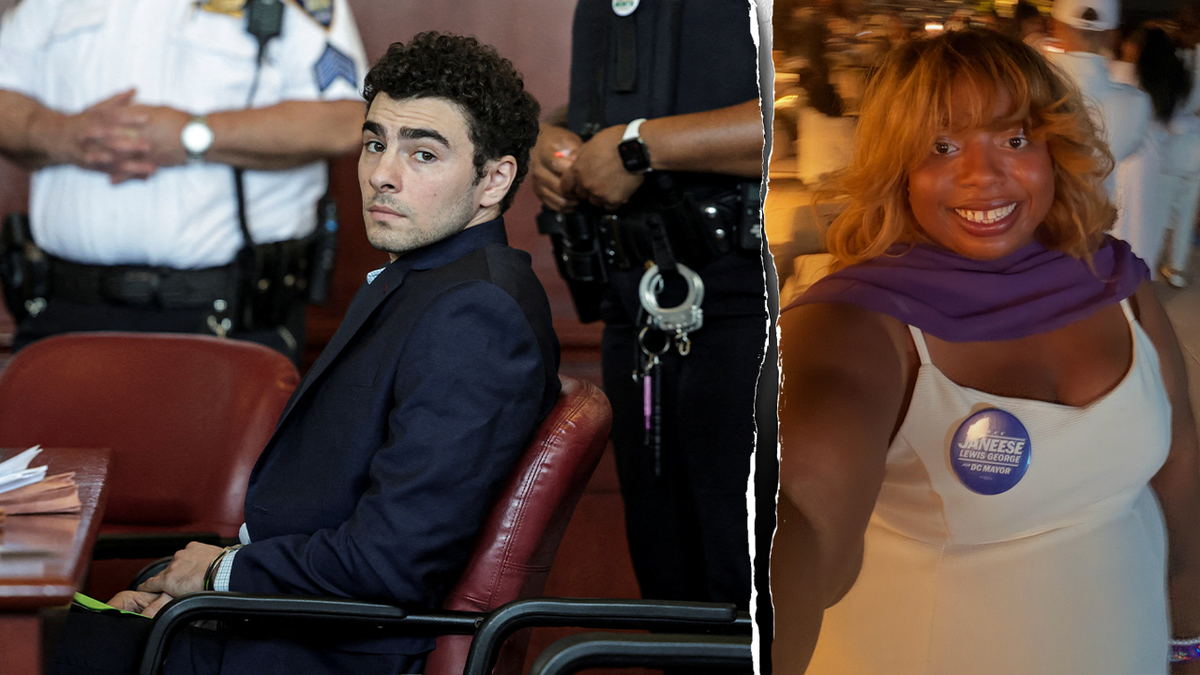 Left: Luigi Mangione appears at an evidence suppression hearing at the Manhattan Supreme Court in New York City Right: Maki Green in a June 1 selfie wearing a Janeese Lewis George for mayor campaign pin at the DC Navy Yard