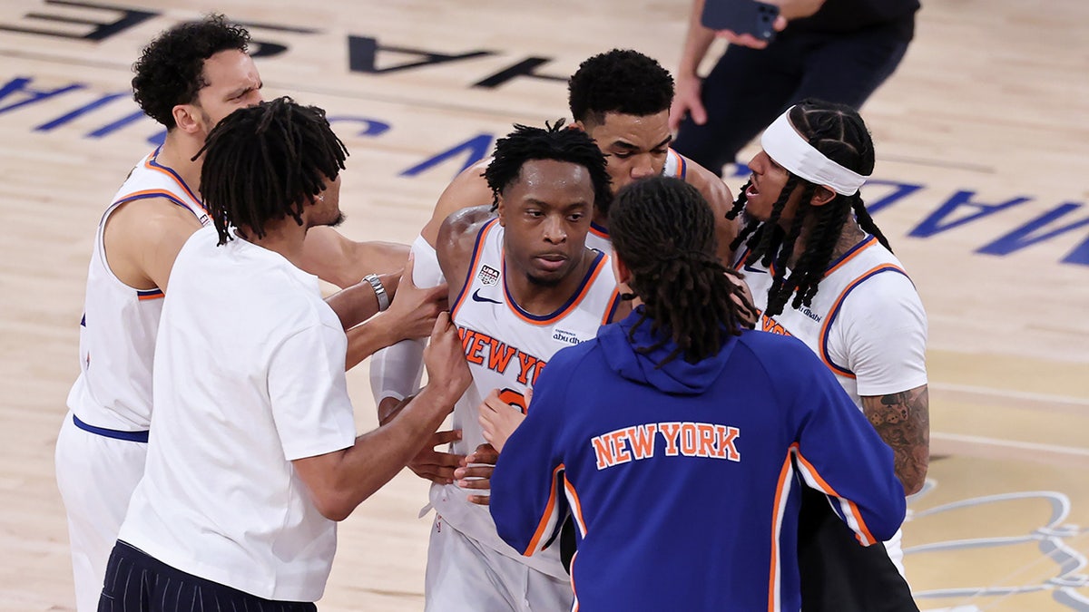 OG Anunoby of the New York Knicks celebrates after scoring against the San Antonio Spurs at Madison Square Garden