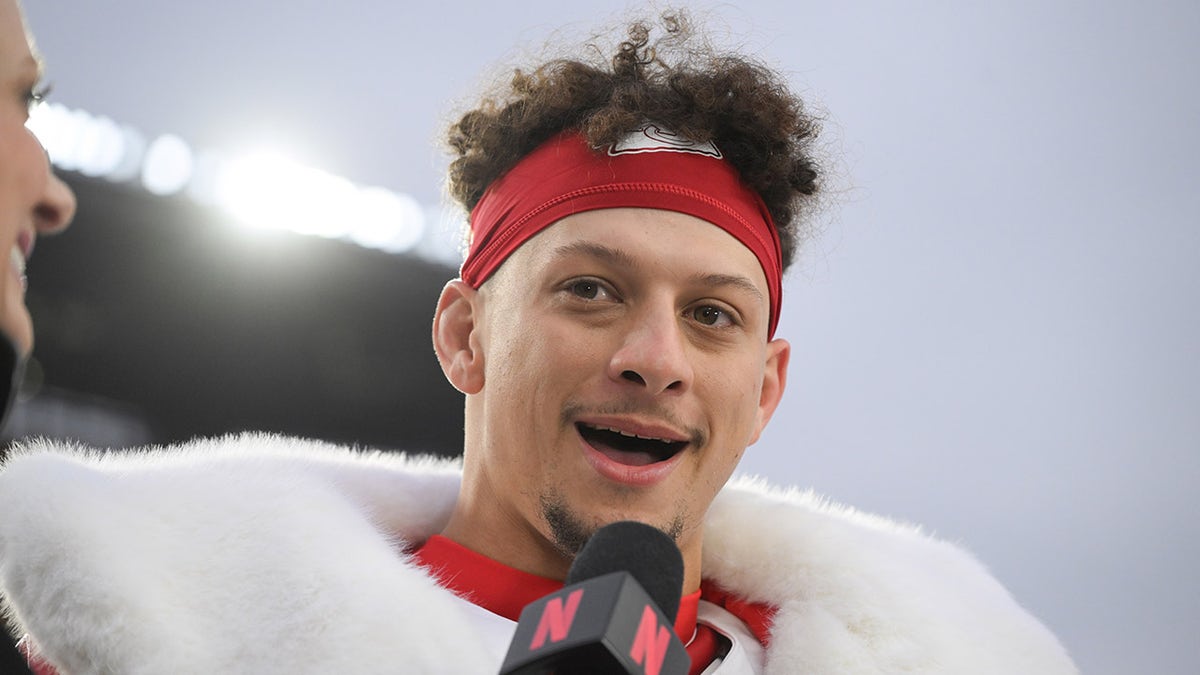 Patrick Mahomes being interviewed by Netflix reporter Stacey Dales at Acrisure Stadium