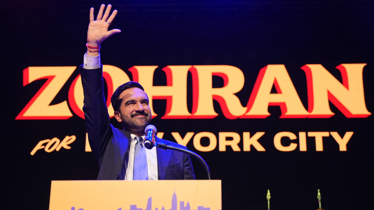 Zohran Mamdani celebrating at an election night event in Brooklyn, New York
