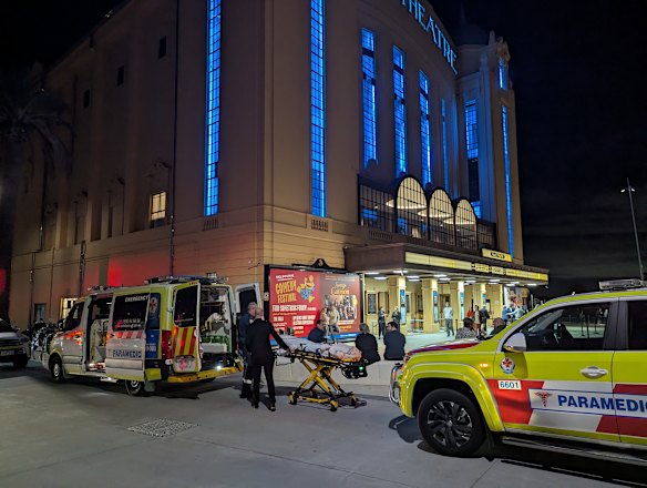 Paramedics at the Palais Theatre, where a man attending the Melbourne International Comedy Festival gala died on March 26, 2025.