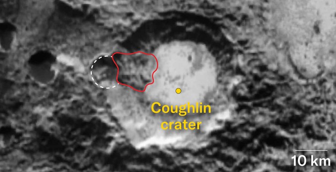 This image of Pluto's Coughlin crater shows what may be a smaller crater on its lip (outlined with a white dashed line). Scientists have added a red line around a mass of material that seems to have slid into the larger crater and may be evidence of a landslide.