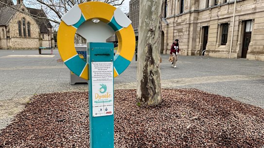 The donation boxes set up to deter beggars in the City of Fremantle.