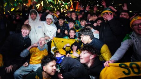 Thousands of fans pack Federation Square for early morning clash against Egypt