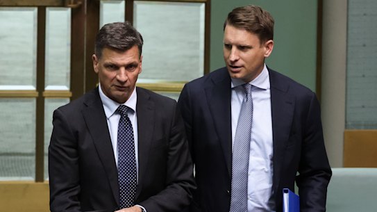 Opposition Leader Angus Taylor and frontbencher Andrew Hastie arrive in question time on Thursday.