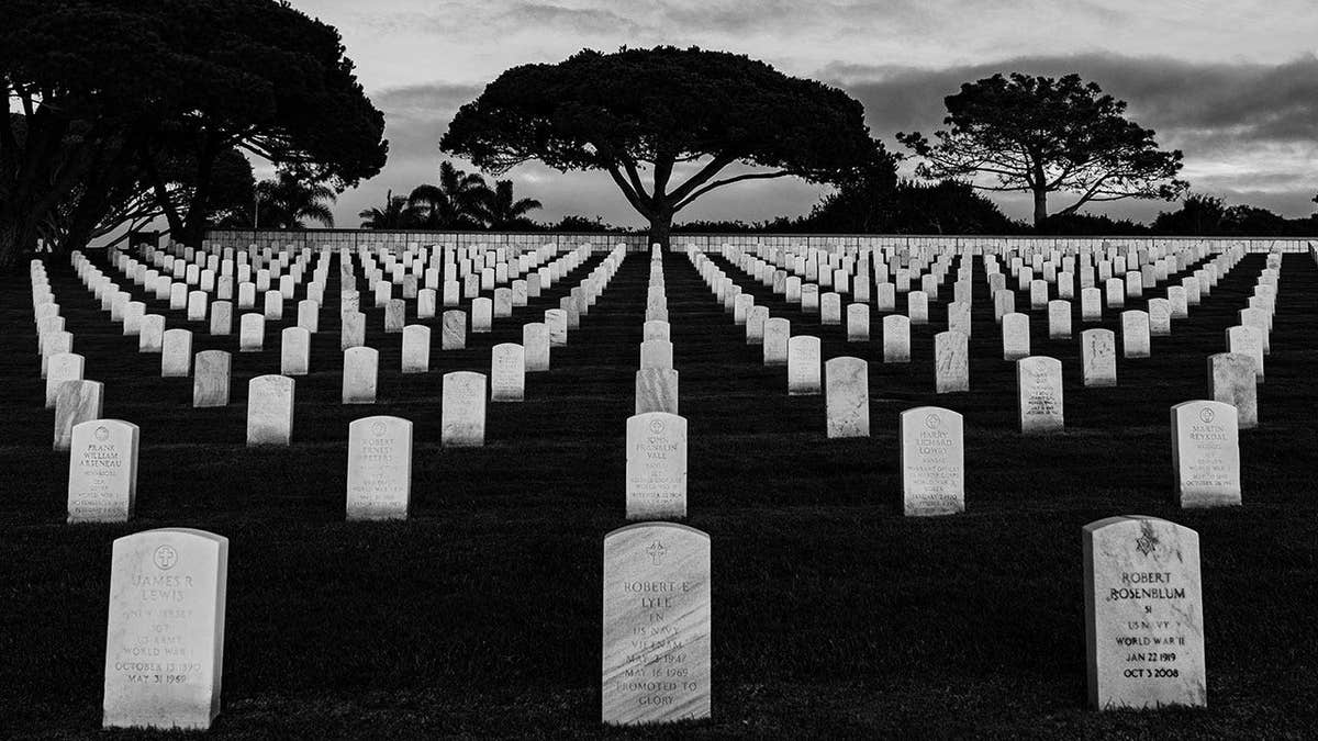 Black-and-white photograph of Arlington National Cemetery headstones