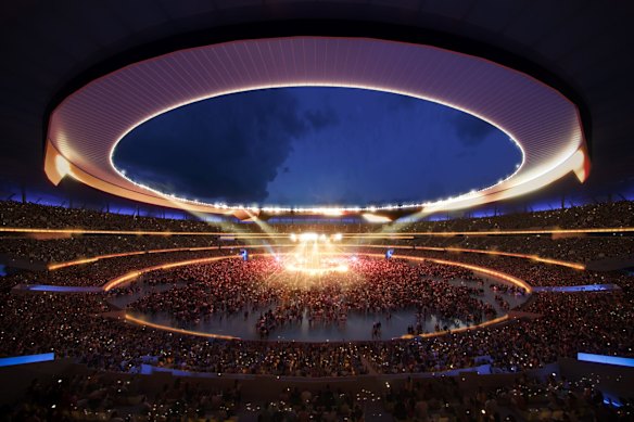 Artist impressions of the proposed Brisbane Stadium, to be built at Victoria Park for the 2032 Olympic Games.