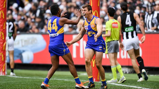 2018 AFL Grand Final, Collingwood v West Coast. 29/09/2018. photo by Justin McManus.  Jamie Cripps (WC) celebrates a goal with William Rioli.